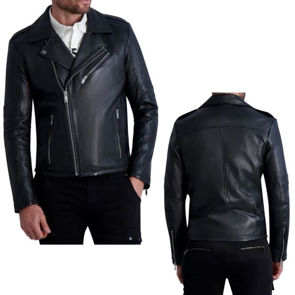 KARL LAGERFELD PARIS Notch Lapel Black Genuine Leather Moto Jacket, Size M - Picture 1 of 9